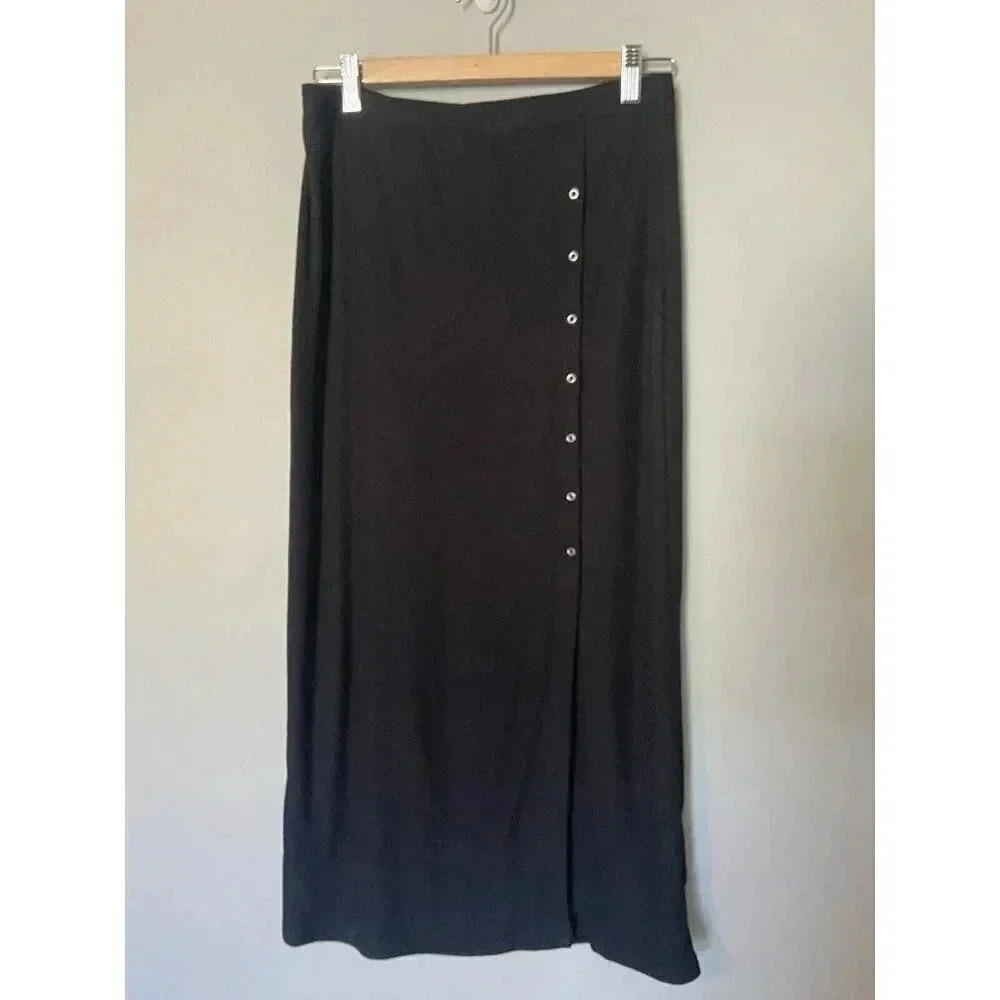 Truth By‎ Republic Women's Black Front Slit Maxi Skirt Buttons Size M Medium